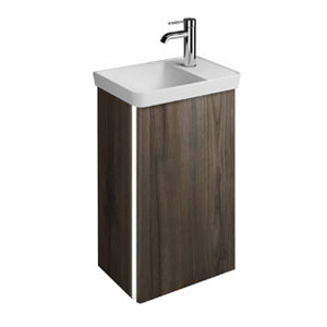 Ausführung Waschtisch mit Unterschrank: Mulde links, Türanschlag rechts, mit LED-Griffleistenbel.