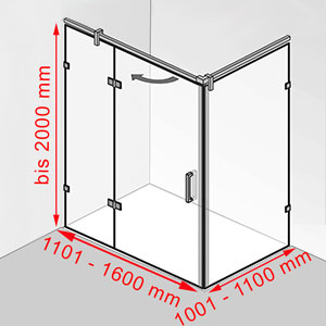 Breite / Tiefe / Höhe: 1101 - 1600 mm / 1001 - 1100 mm / bis 2000 mm