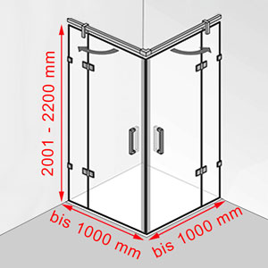 Breite / Tiefe / Höhe: bis 1000 mm / bis 1000 mm / 2001 - 2200 mm