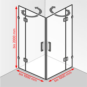 Breite / Tiefe / Höhe: bis 1000 mm / bis 1000 mm / bis 2000 mm