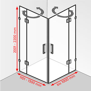 Breite / Tiefe / Höhe: 1101 - 1300 mm / bis 1000 mm / 2001 - 2200 mm