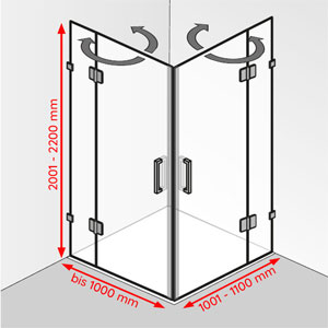 Breite / Tiefe / Höhe: bis 1000 mm / 1001 - 1100 mm / 2001 - 2200 mm