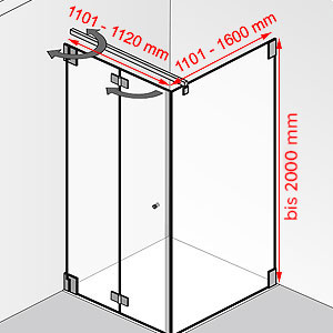 Breite / Tiefe / Höhe: 1101 - 1120 mm / 1101 - 1600 mm / bis 2000 mm