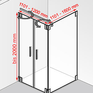 Breite / Tiefe / Höhe: 1101 - 1200 mm / 1101 - 1600 mm / bis 2000 mm