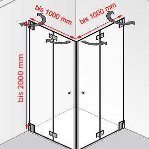 Breite / Tiefe / Höhe: bis 1000 mm / bis 1000 mm / bis 2000 mm