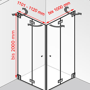 Breite / Tiefe / Höhe: 1101 - 1120 mm / bis 1000 mm / bis 2000 mm