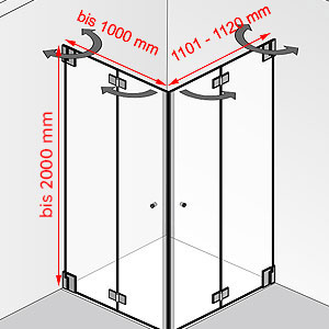 Breite / Tiefe / Höhe: bis 1000 mm / 1101 - 1120 mm / bis 2000 mm