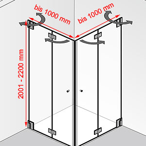 Breite / Tiefe / Höhe: bis 1000 mm / bis 1000 mm / 2001 - 2200 mm