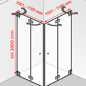 Breite / Tiefe / Höhe: 1001 - 1100 mm / 1001 - 1100 mm / bis 2000 mm