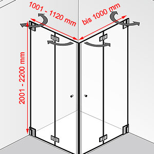 Breite / Tiefe / Höhe: 1001 - 1120 mm / bis 1000 mm / 2001 - 2200 mm