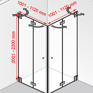 Breite / Tiefe / Höhe: 1001 - 1120 mm / 1001 - 1120 mm / 2001 - 2200 mm