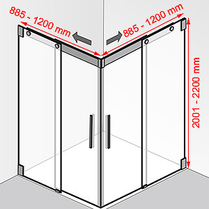 Breite / Tiefe / Höhe: 885 - 1200 mm / 885 - 1200 mm / 2001 - 2200 mm