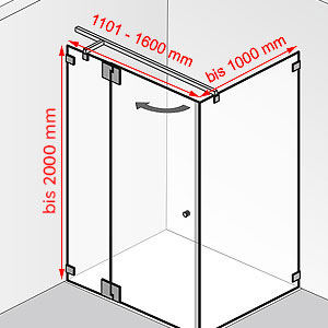 Breite / Tiefe / Höhe: 1101 - 1600 mm / bis 1000 mm / bis 2000 mm